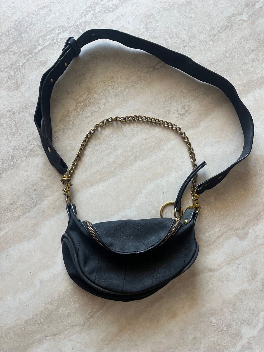 Black Crossbody Belt Bag with Gold Chain